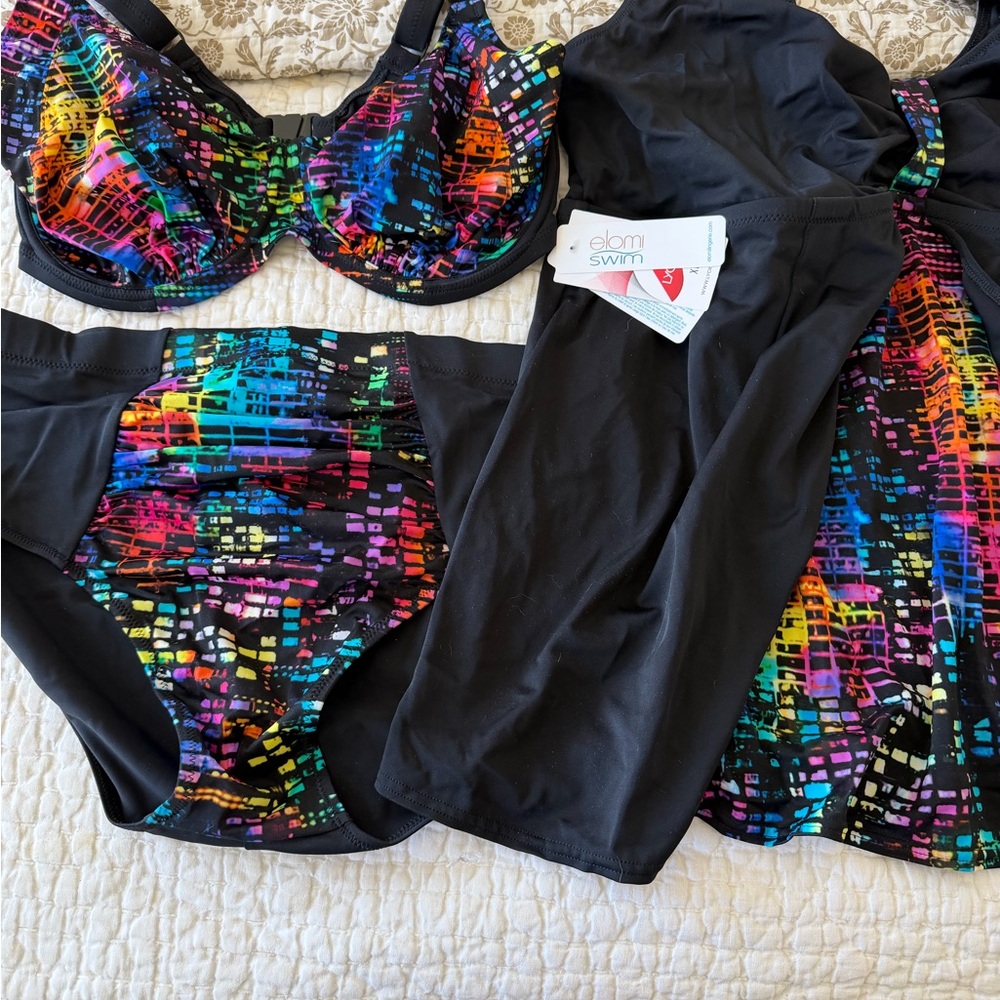 NWT Elomi Swim 3 pc colorful bikinis with cup sized top, bottom and tankini